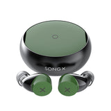 Green and black wireless earbuds with charging case on a white background, featuring the SONGX brand.