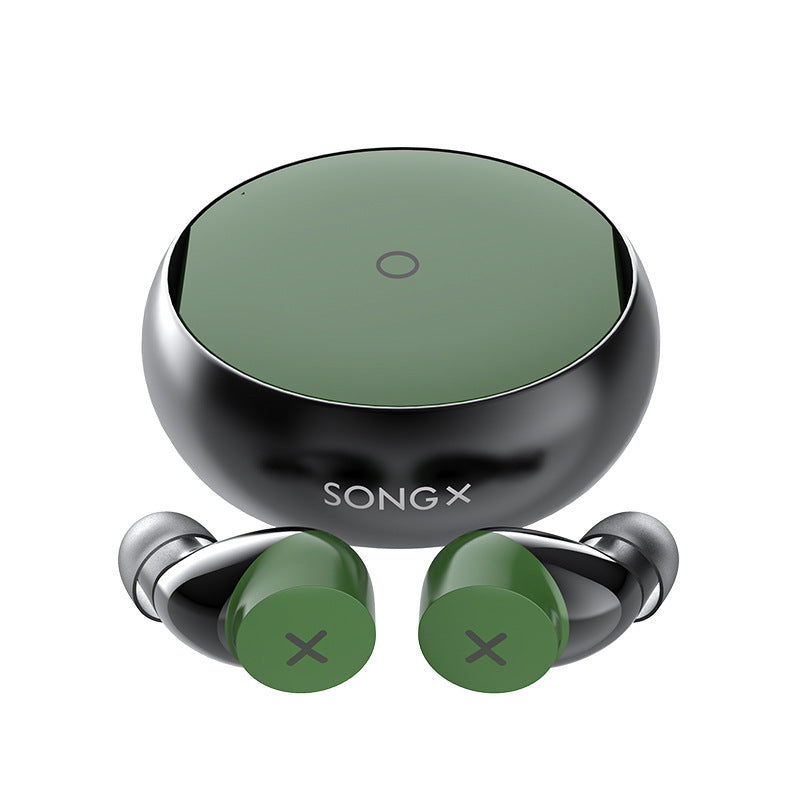 Green and black wireless earbuds with charging case on a white background, featuring the SONGX brand.