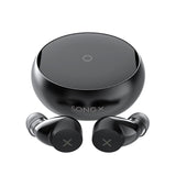 Black wireless earbuds with charging case on a white background, featuring the brand 'SONGX'.
