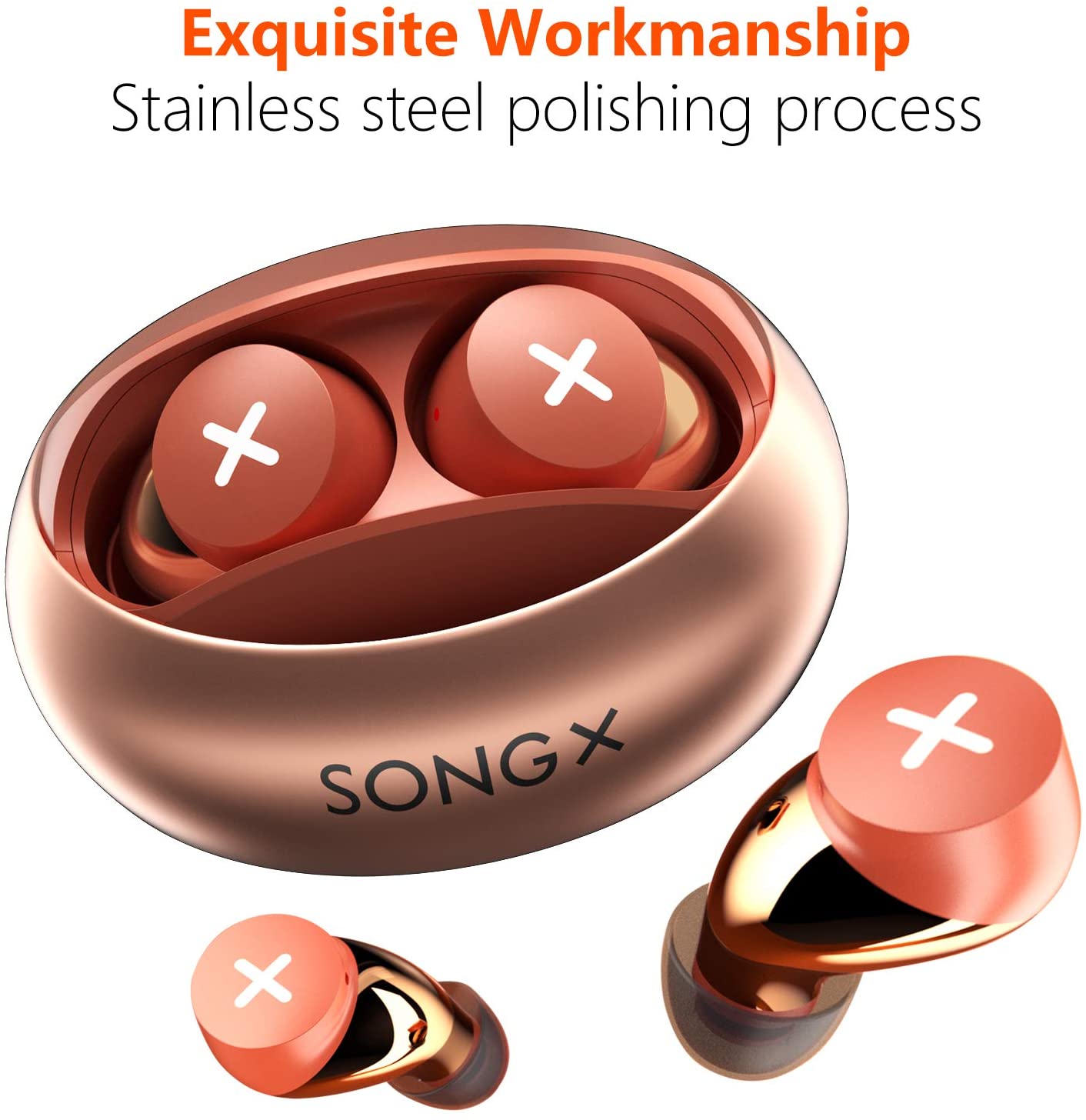 Rose gold wireless earbuds with charging case on a white background, featuring 'SONG X' branding.