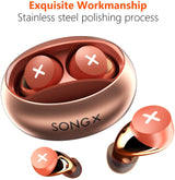 Rose gold wireless earbuds with charging case on a white background, featuring 'SONG X' branding.
