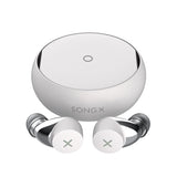 White wireless earbuds with charging case on a white background, featuring the brand 'SONGX'.