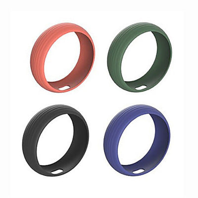 Four colorful rubber rings in red, green, black, and blue on a white background