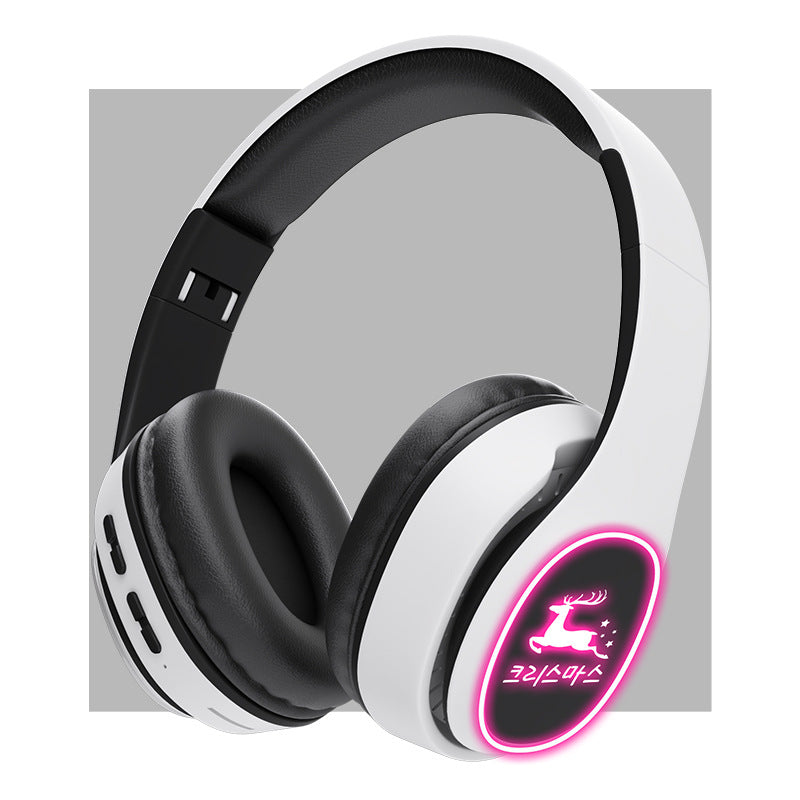 White and black headphones with pink LED display on a white background