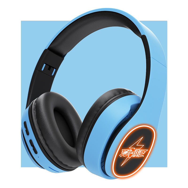 Black headphones with a glowing orange logo on a blue background