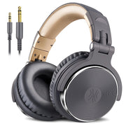 Gray and gold headphones with a cable on a white background
