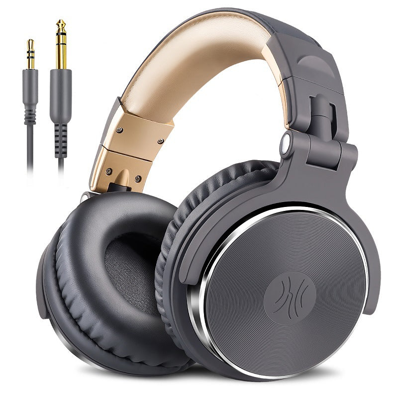Gray and gold headphones with a cable on a white background