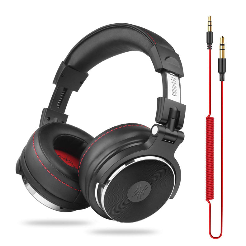 Black headphones with a red coiled cable on a white background