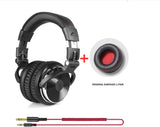 Black headphones with a close-up of a speaker and a red cable on a white background