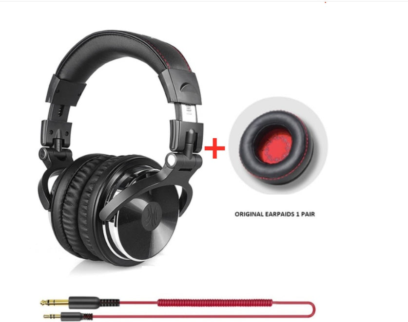 Black headphones with a close-up of a speaker and a red cable on a white background