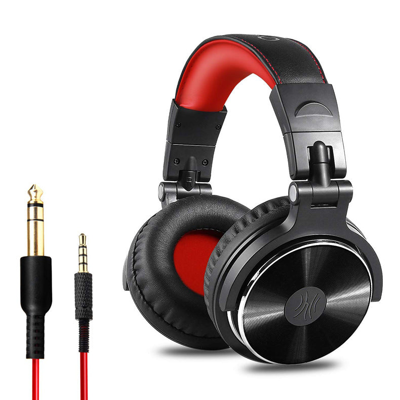 Black and red headphones with audio cables on a white background