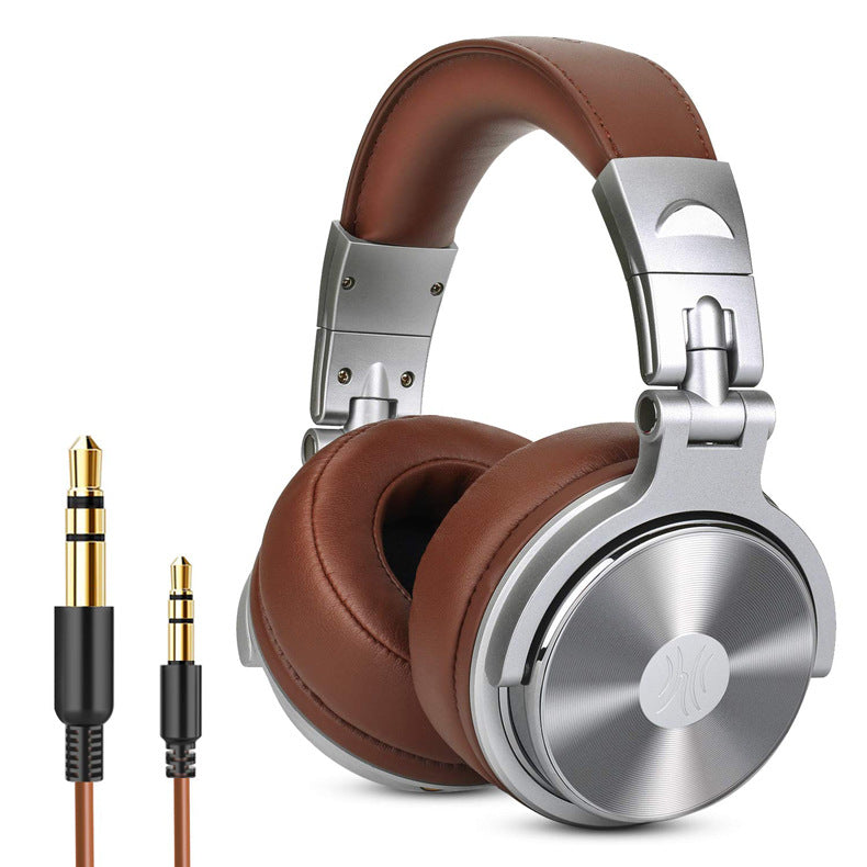 Brown and silver headphones with audio cable on a white background