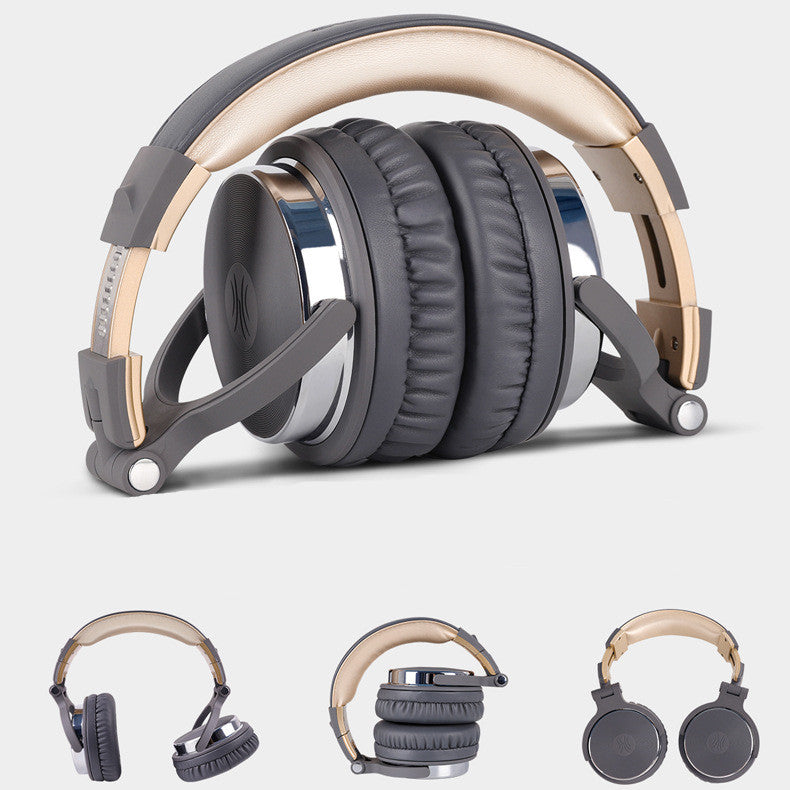 Pair of over-ear headphones with gold accents on a white background
