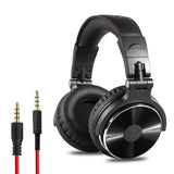 Black headphones with a cable on a white background