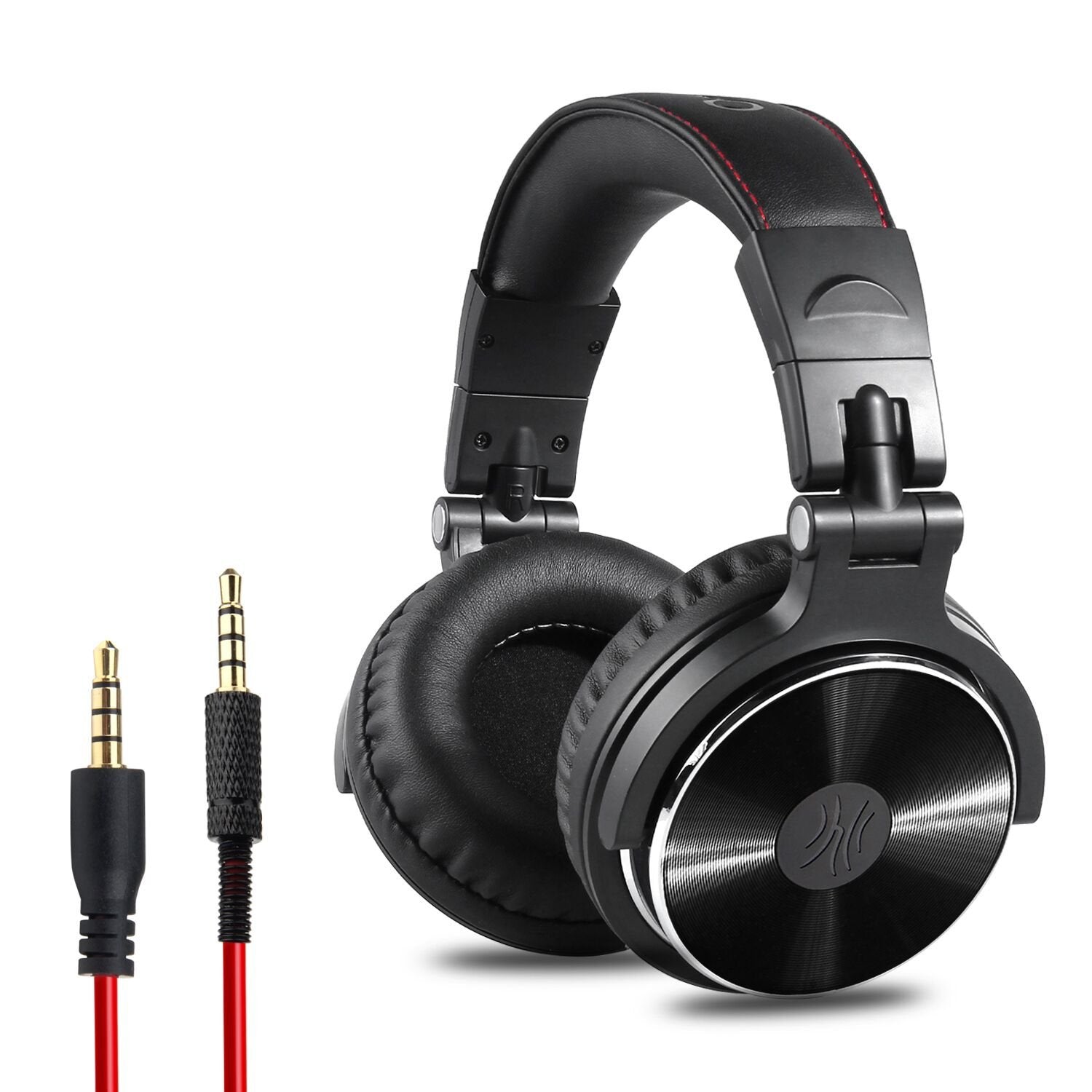 Black headphones with a cable on a white background