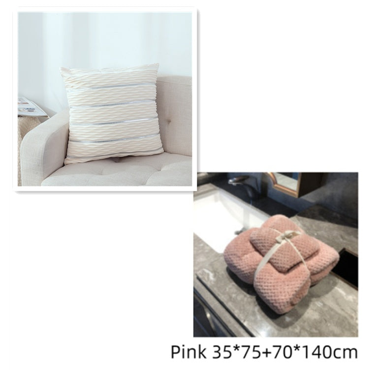 Collage of a white pillow on a sofa and a pink blanket on a table with dimensions displayed.