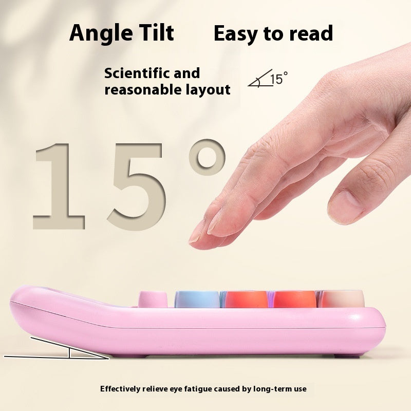 Hand holding a pink device with text about angle tilt and eye fatigue relief.