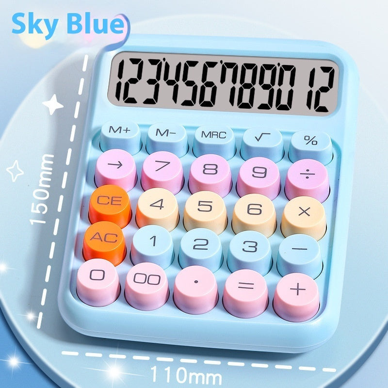 Colorful calculator with a sky blue border on a light blue background
