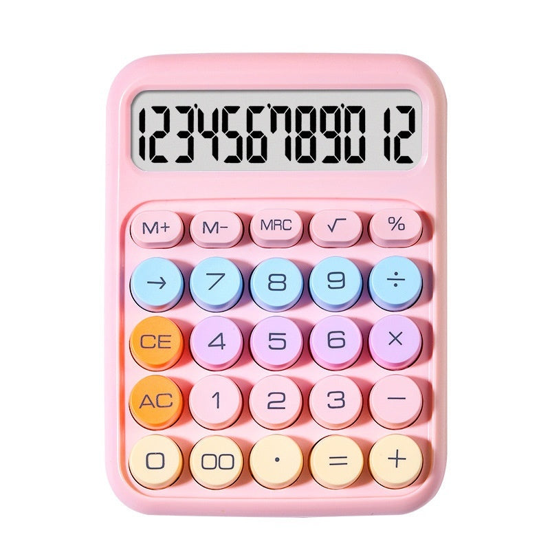 Pink calculator with colorful buttons on a white background