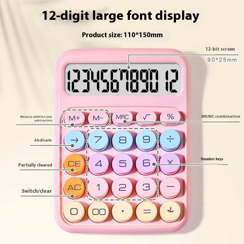 Pink calculator with labeled buttons and 12-digit large font display on a light background