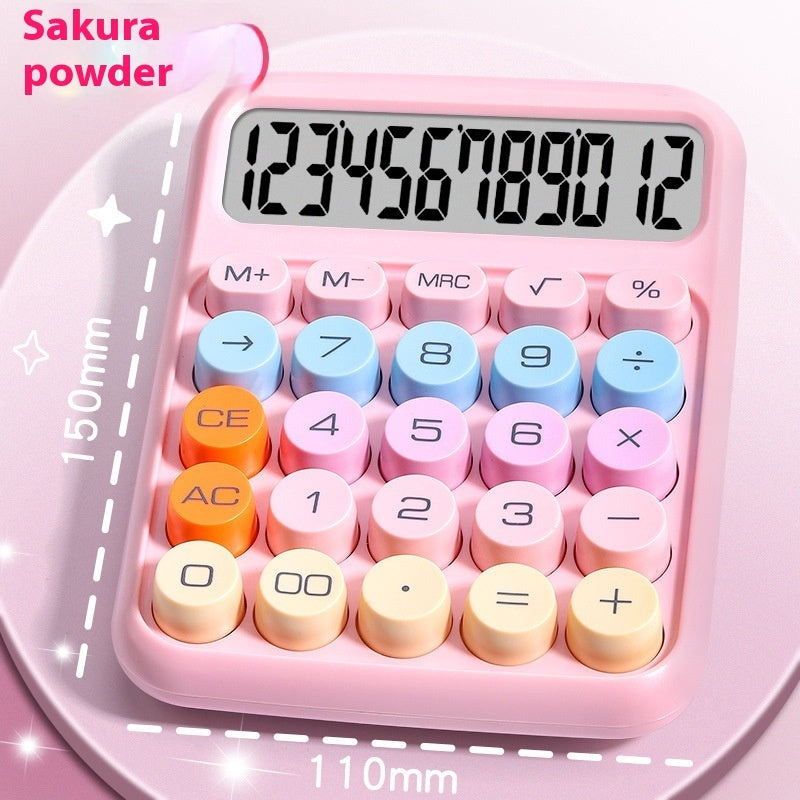 Pink calculator with colorful buttons on a white background