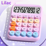 Pink calculator with colorful buttons on a light purple background