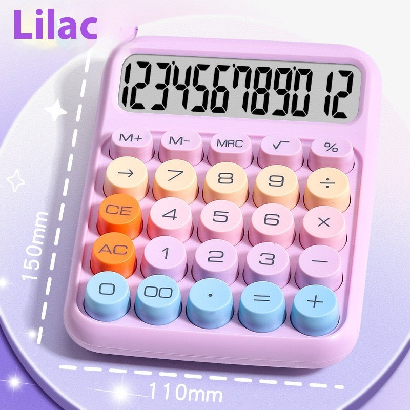 Pink calculator with colorful buttons on a light purple background