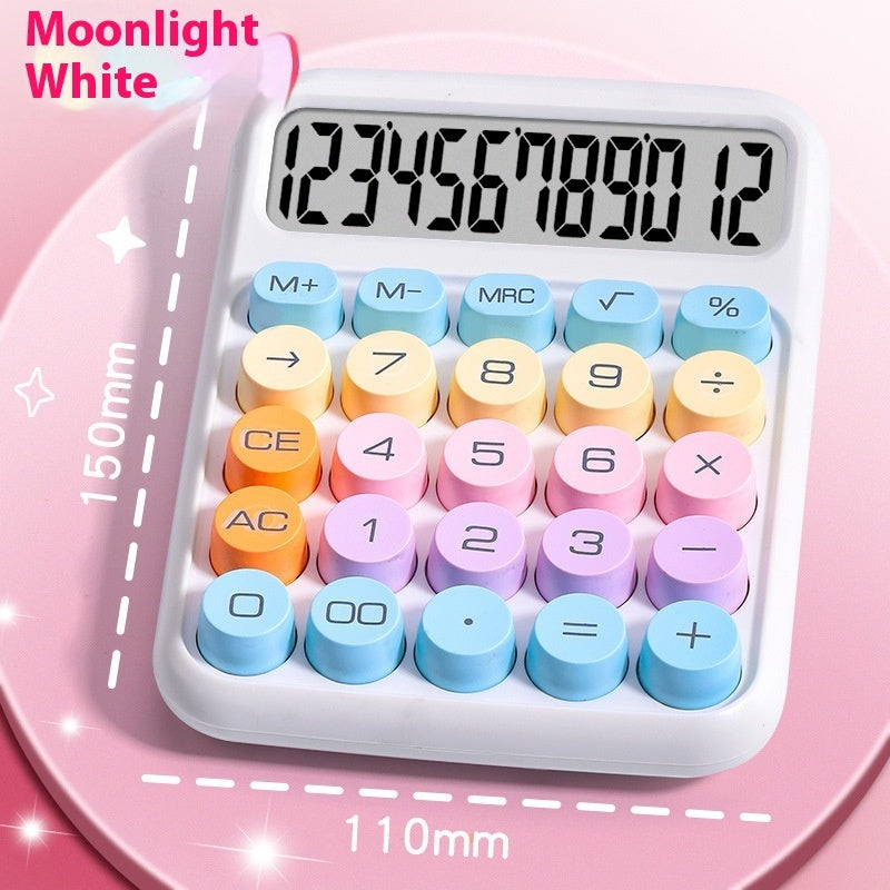 Colorful calculator with digital display on a pink background