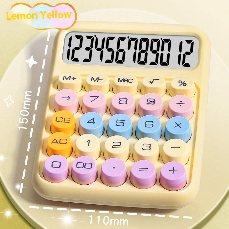 Colorful calculator with labeled buttons on a yellow background