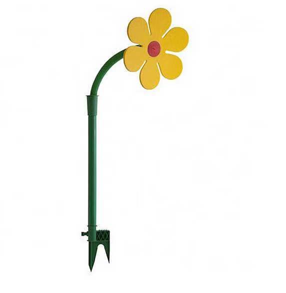 Yellow flower-shaped garden stake with green stem on a white background