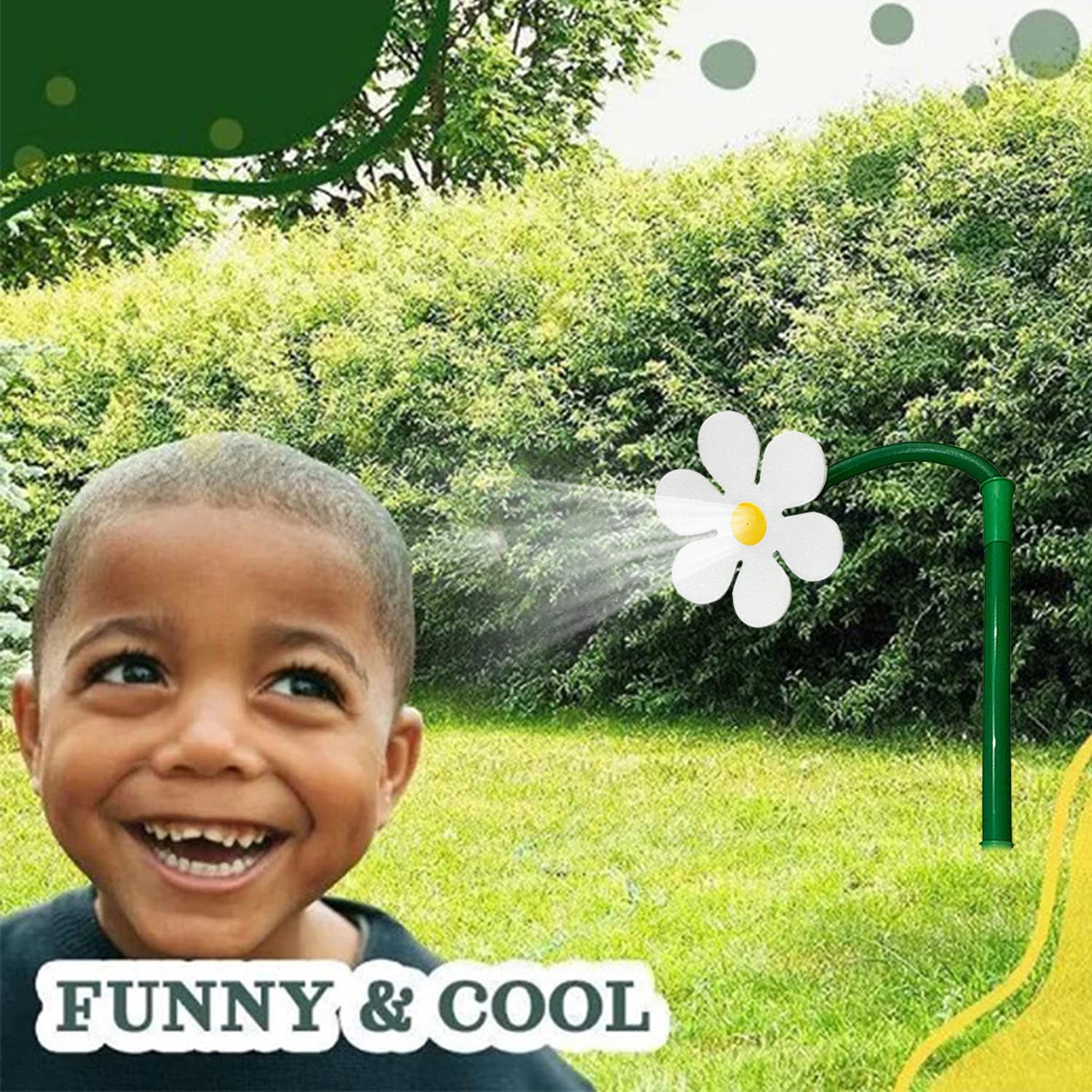 Child smiling with a flower-shaped sprinkler in a garden