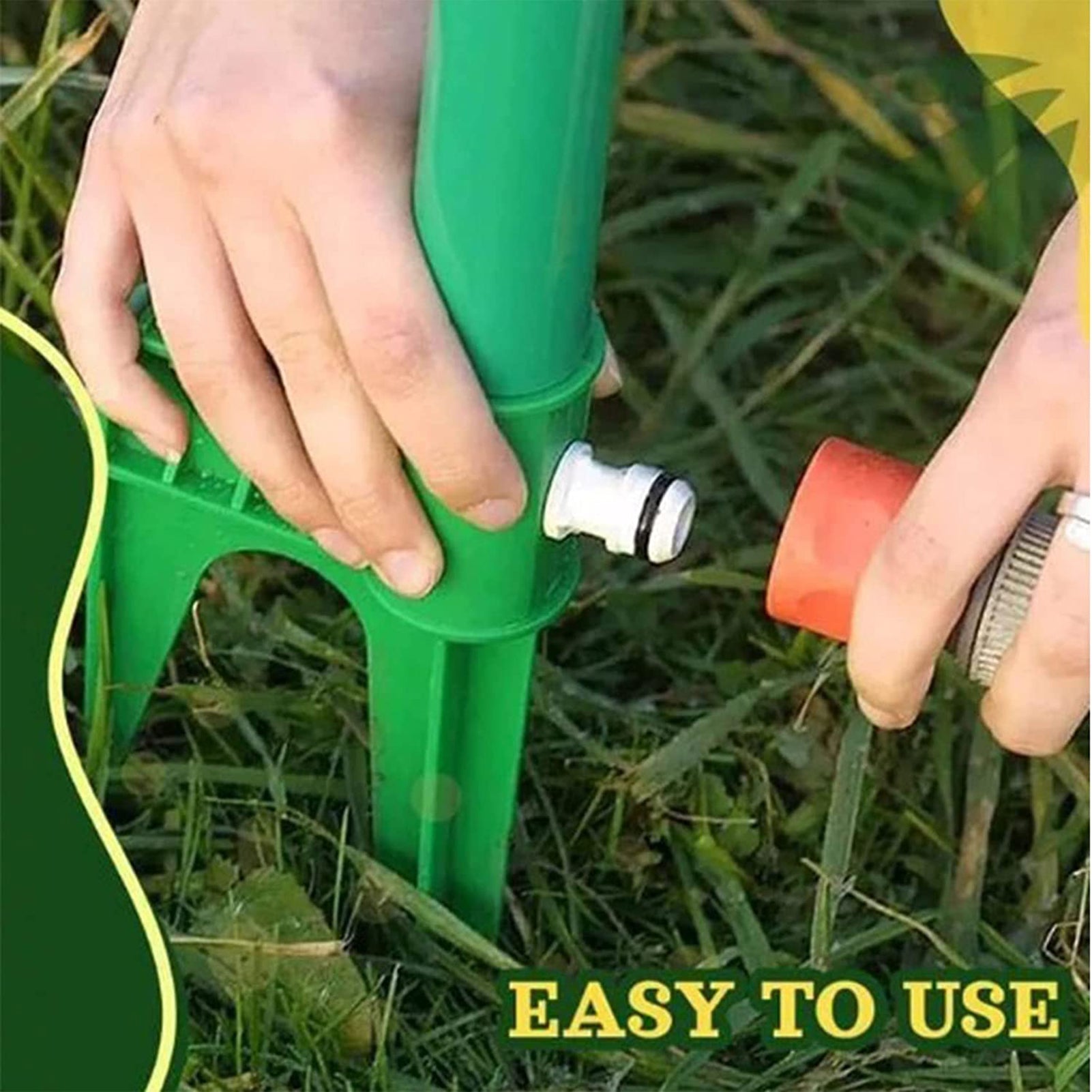 Person using a green garden tool with a red handle on grass, labeled 'Easy to Use'.