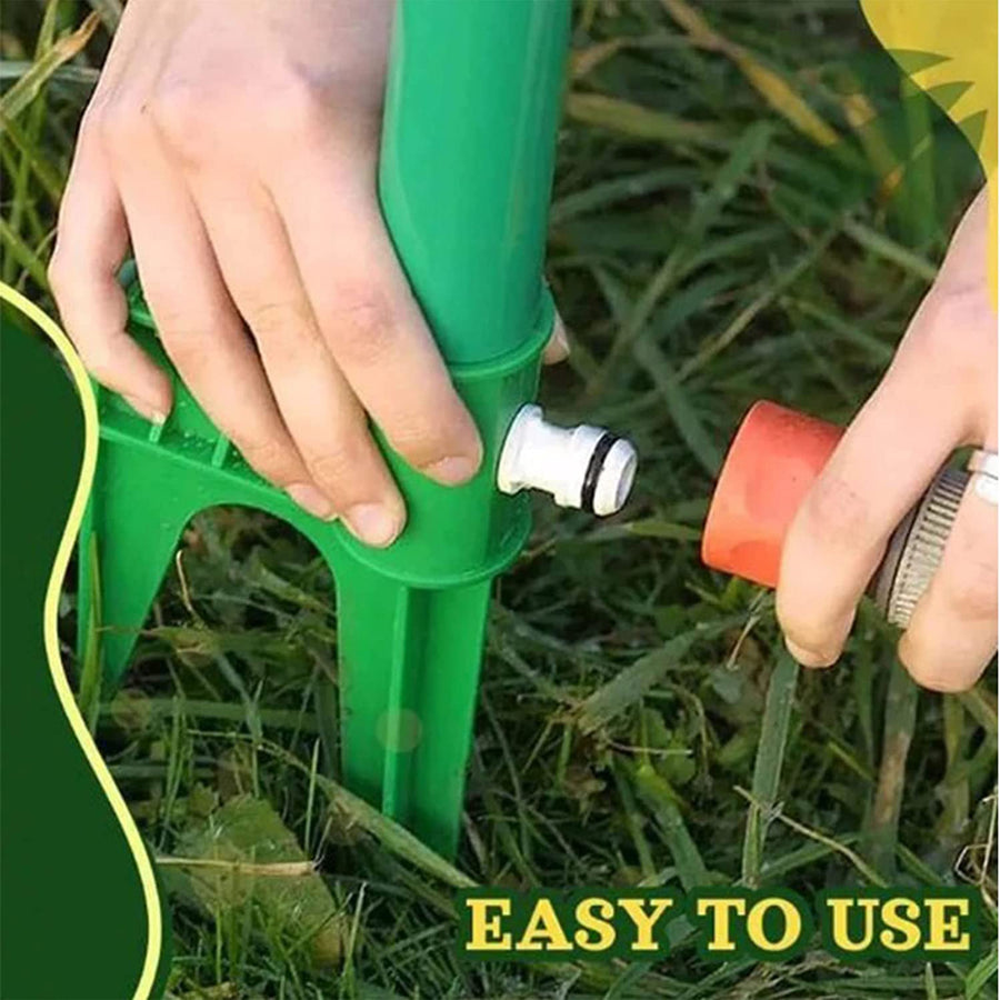 Person using a green garden tool with a red handle on grass, labeled 'Easy to Use'.