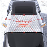 Car with a snow cover featuring text about built-in strong magnets and non-damaging installation.