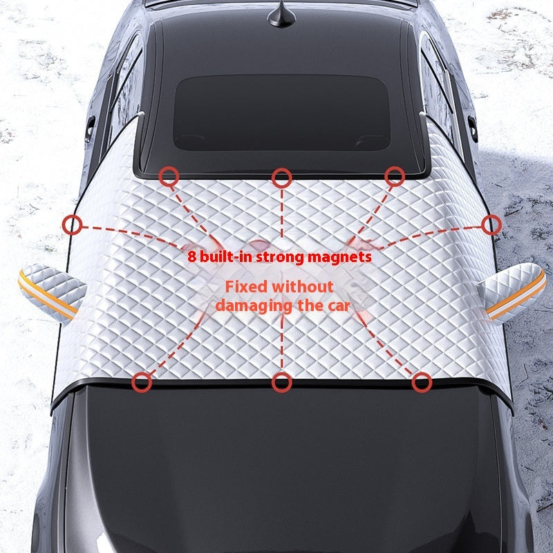 Car with a snow cover featuring text about built-in strong magnets and non-damaging installation.