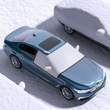 Blue car with a snow cover on a snowy surface
