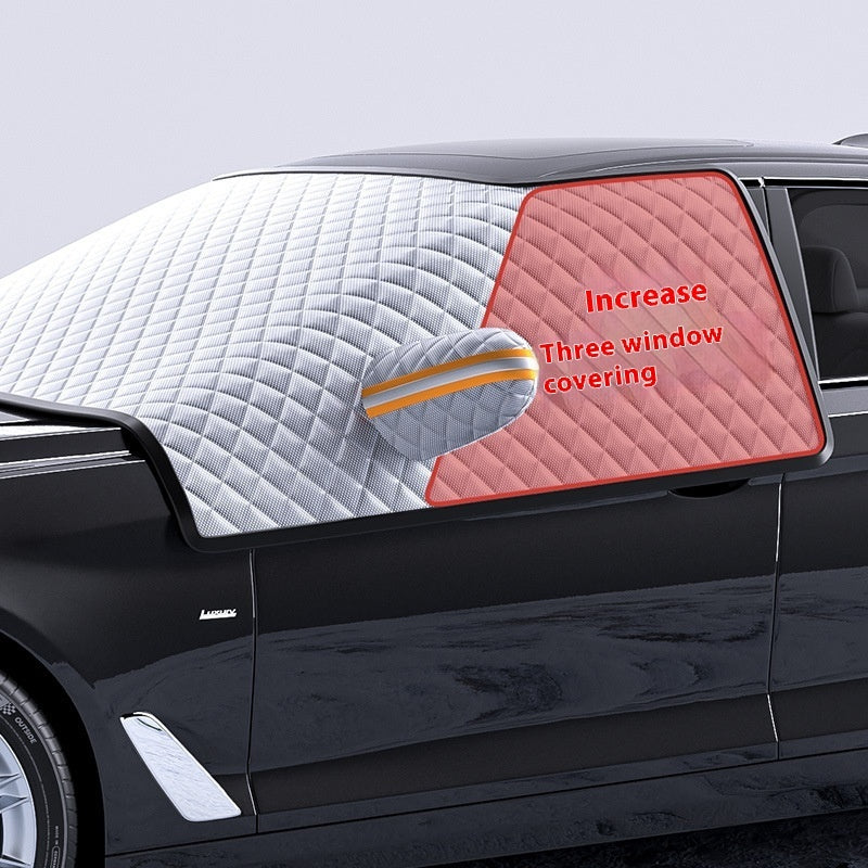 Car with sunshades on the windows, text 'Increase Three window covering' displayed.