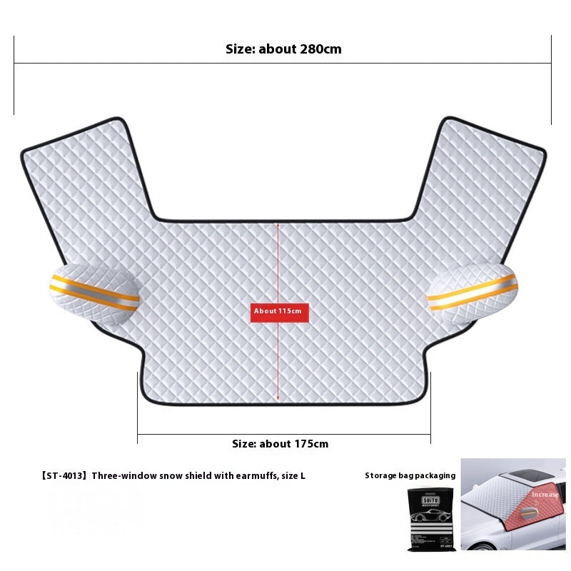 Three-window snow shield with earmuffs and measurements on a white background