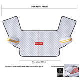 Three-window snow shield with earmuffs and measurements on a white background