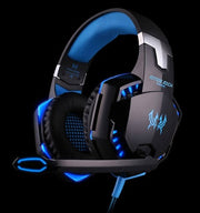 Gaming headset with blue LED lights on a black background