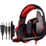 Black and red gaming headset with cables on a white background