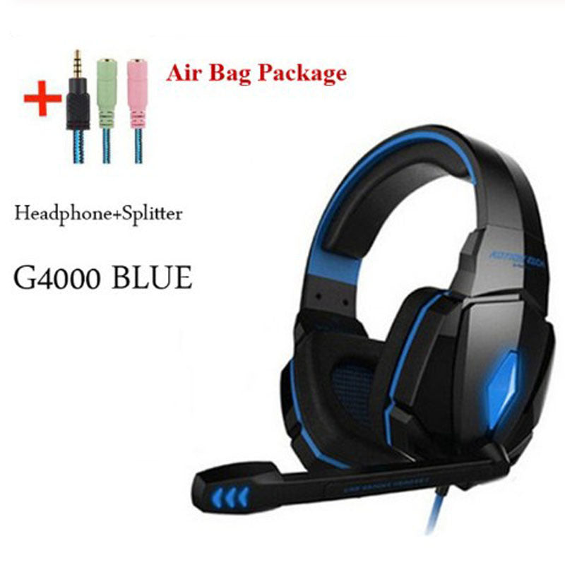 Black and blue gaming headset with splitter and air bag package on a white background