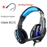 Blue gaming headset with splitter and air bag package on a white background