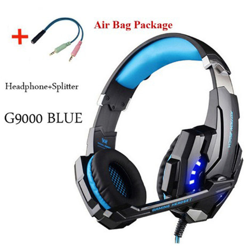 Blue gaming headset with splitter and air bag package on a white background