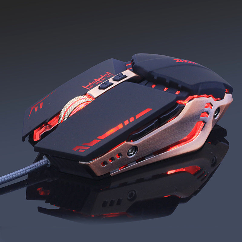 Gaming mouse with red accents on a reflective surface