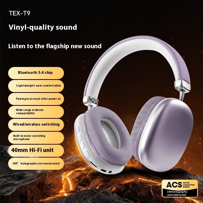 Purple headphones with text highlighting features on a dark background