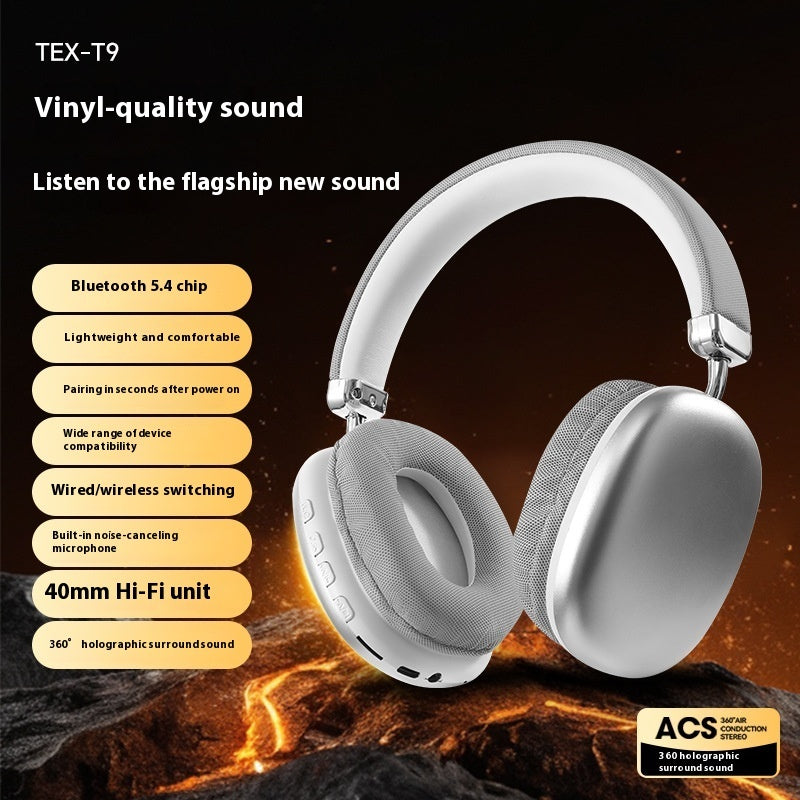 White headphones with features listed on a dark background