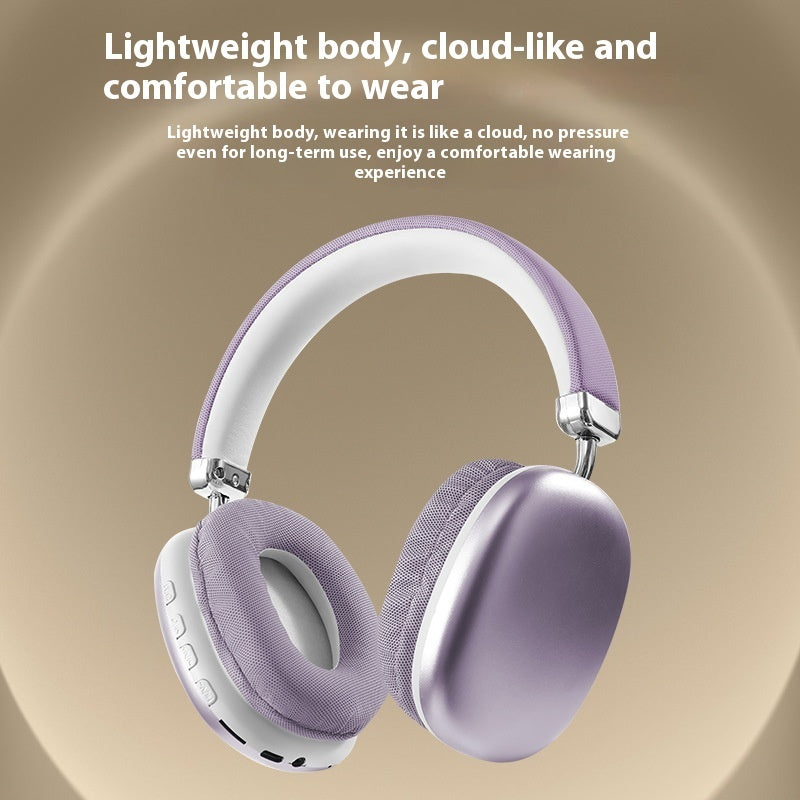Purple headphones with text about comfort on a beige background