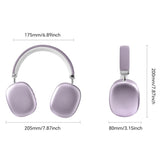 Purple headphones with dimensions labeled on a white background