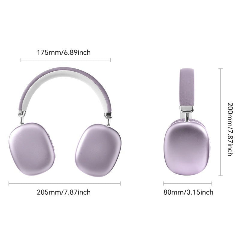 Purple headphones with dimensions labeled on a white background
